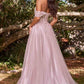 Cinderella Divine CD0198 Long Lace A-Line Gown with Off the Shoulder Sleeves