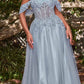 Cinderella Divine CD0198 Long Lace A-Line Gown with Off the Shoulder Sleeves