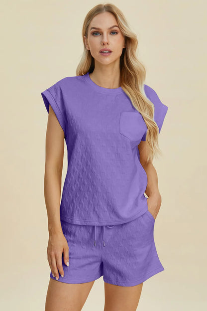 Double Take Full Size Pocketed Texture Round Neck Top and Shorts Set - Farnelli