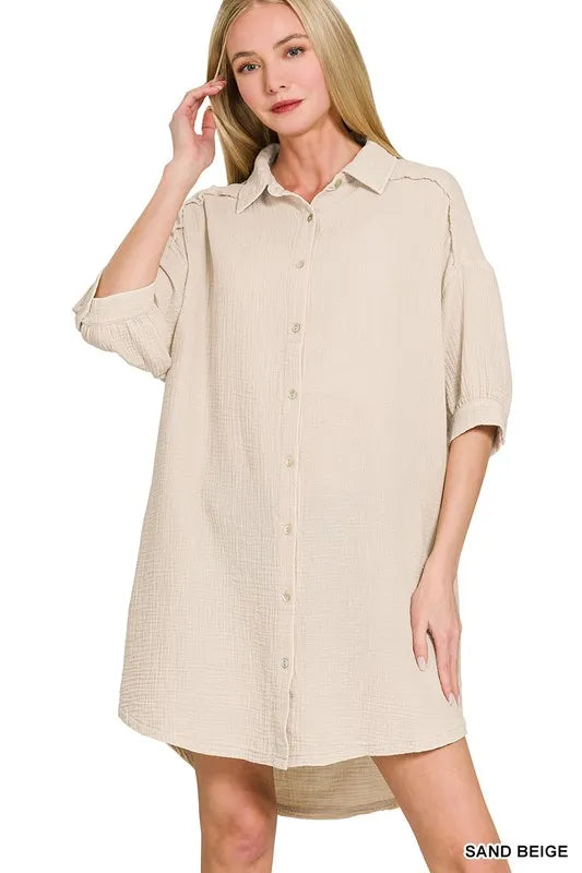 Zenana Washed Double Gauze Button Down Shirt Dress - Farnelli