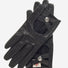 Black women's Italian leather driving gloves with sporty design, featuring detailed stitching and a snug fit.