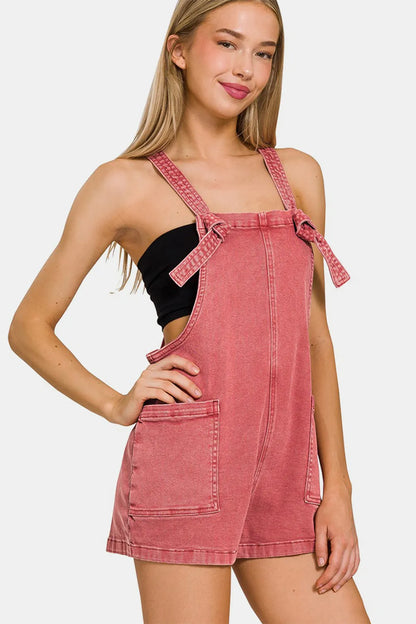 Zenana Washed Knot Strap Rompers - Farnelli