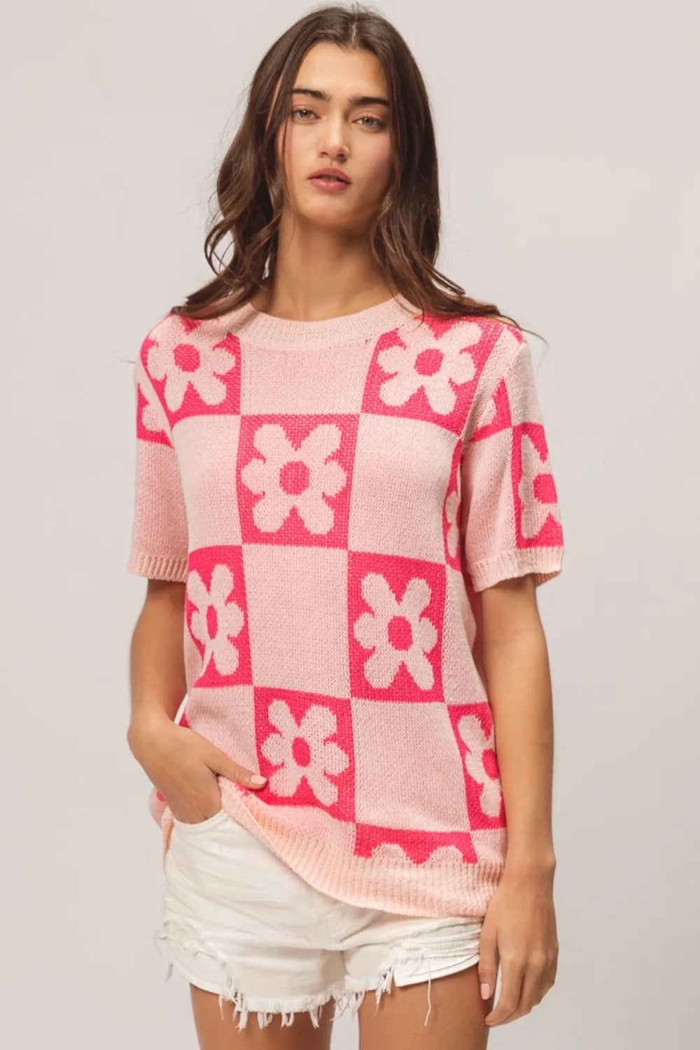 BiBi Flower Checker Pattern Short Sleeve Sweater - Farnelli
