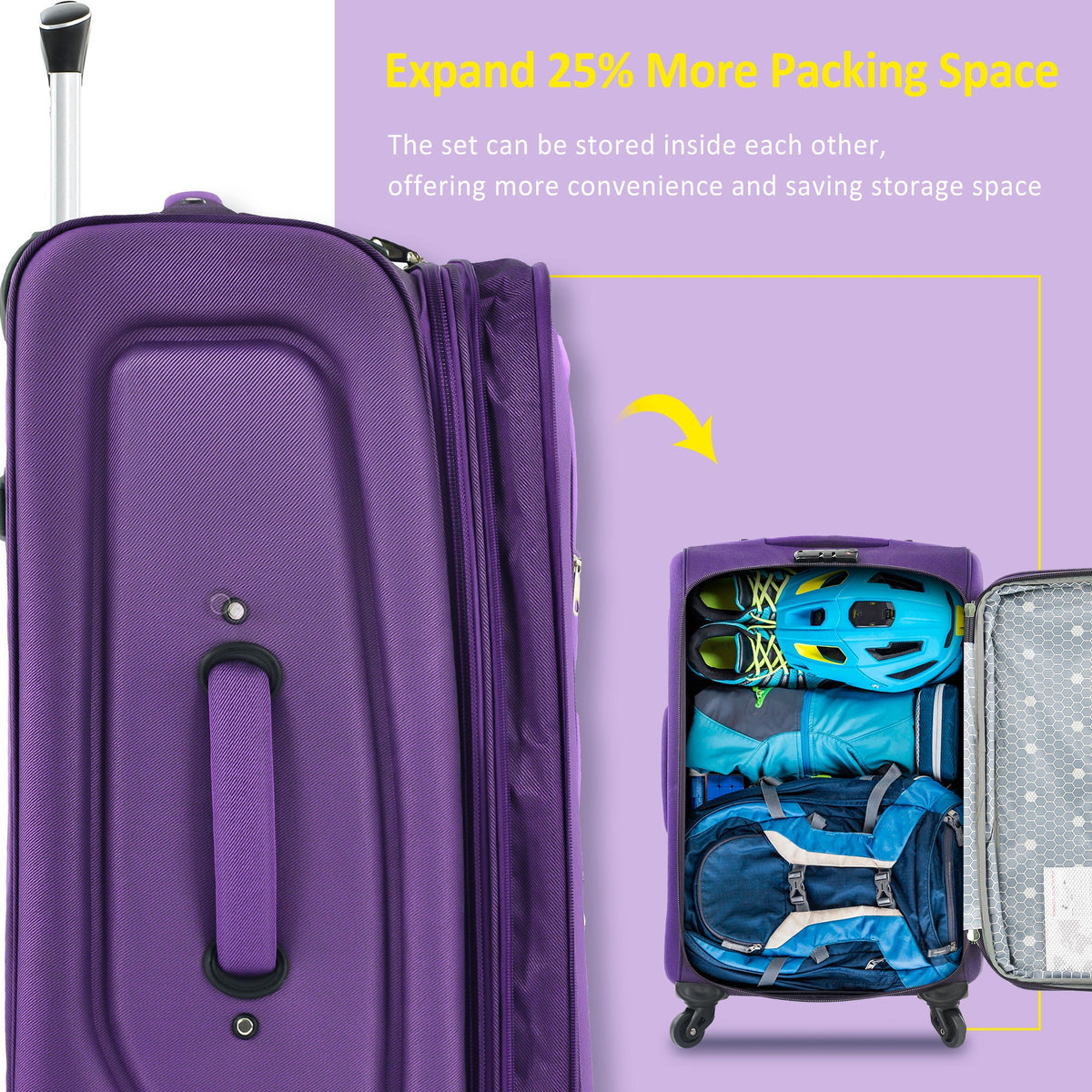 HouseOfZazla expandable softside luggage 3-piece set with spinner wheels in multiple colors