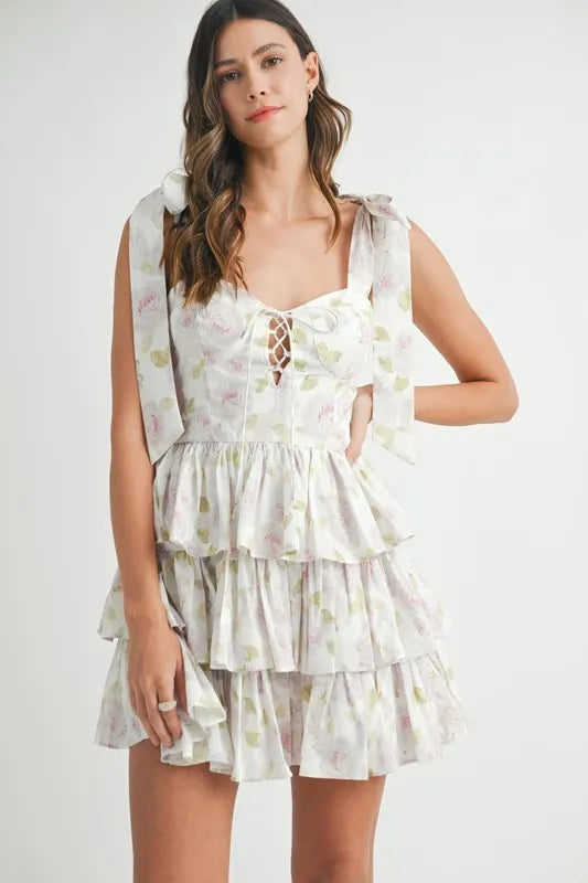 MABLE Floral Print Shoulder Tie Layered Mini Dress - Farnelli