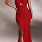 Ladivine CD883 Long Halter Fitted Sequin Gown Halter Top with Slit