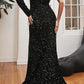 Cinderella Divine CD885 One Shoulder Long Sleeve Fitted Sequin Gown
