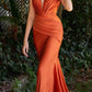 Cinderella Divine CD912 Fitted Jersey Gown Ruched Waistline Pleated Deep V-Neckline