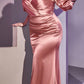 Cinderella Divine CD983 Long Fitted Satin Gown with Puff Sleeve