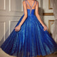 Ladivine CD996T Glitter Flocked Tea Length Dress with Side Pockets