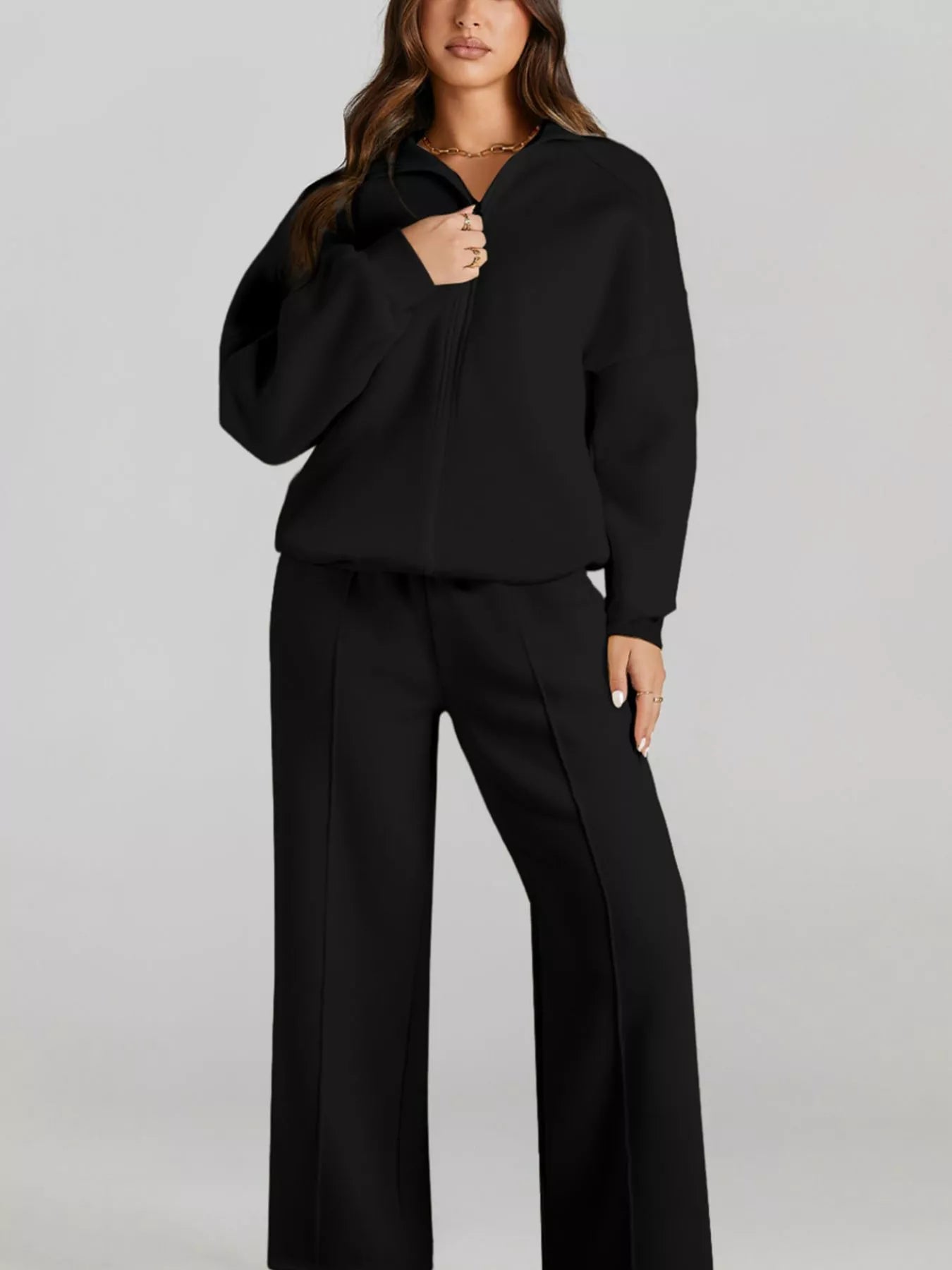Drop Shoulder Zip Up Jacket and Drawstring Pants Active 2pcs Set - Farnelli