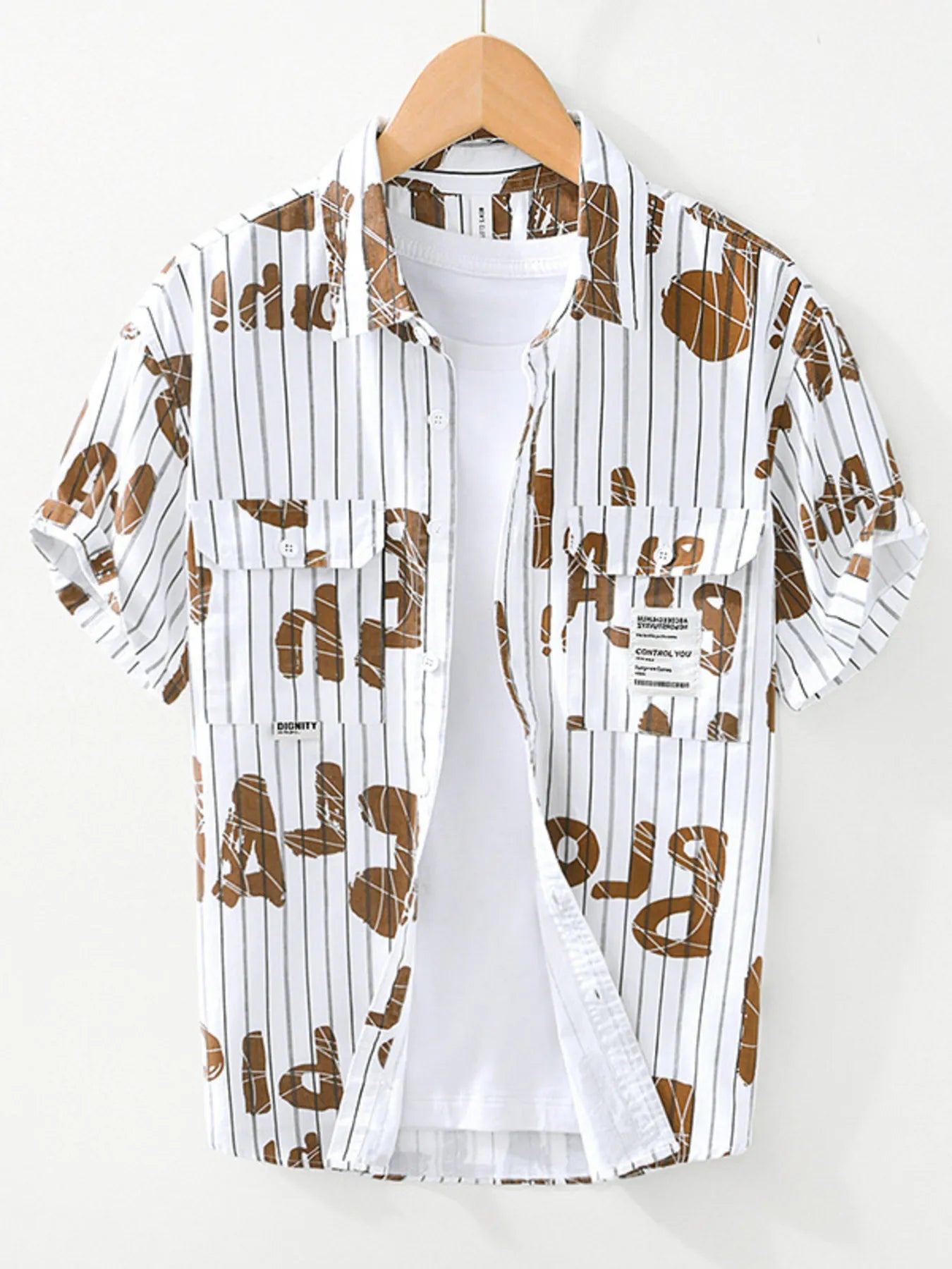Men's Plus Size Letter Print Striped Short Sleeve Casual Shirt - Farnelli