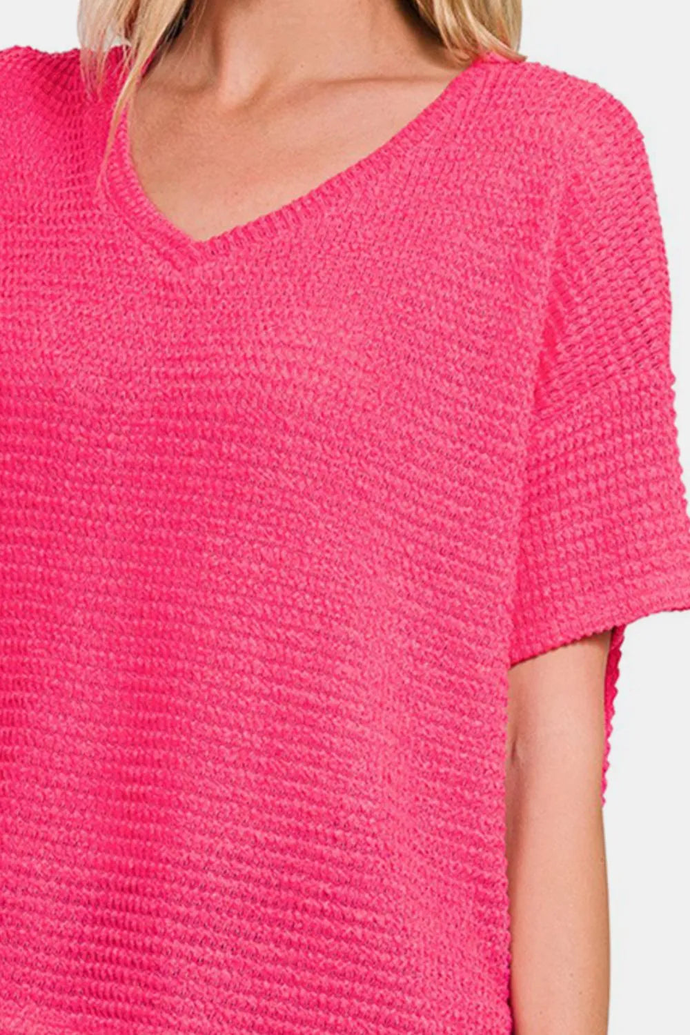 Zenana Drop Shoulder Short Sleeve Jacquard Knit Top - Farnelli
