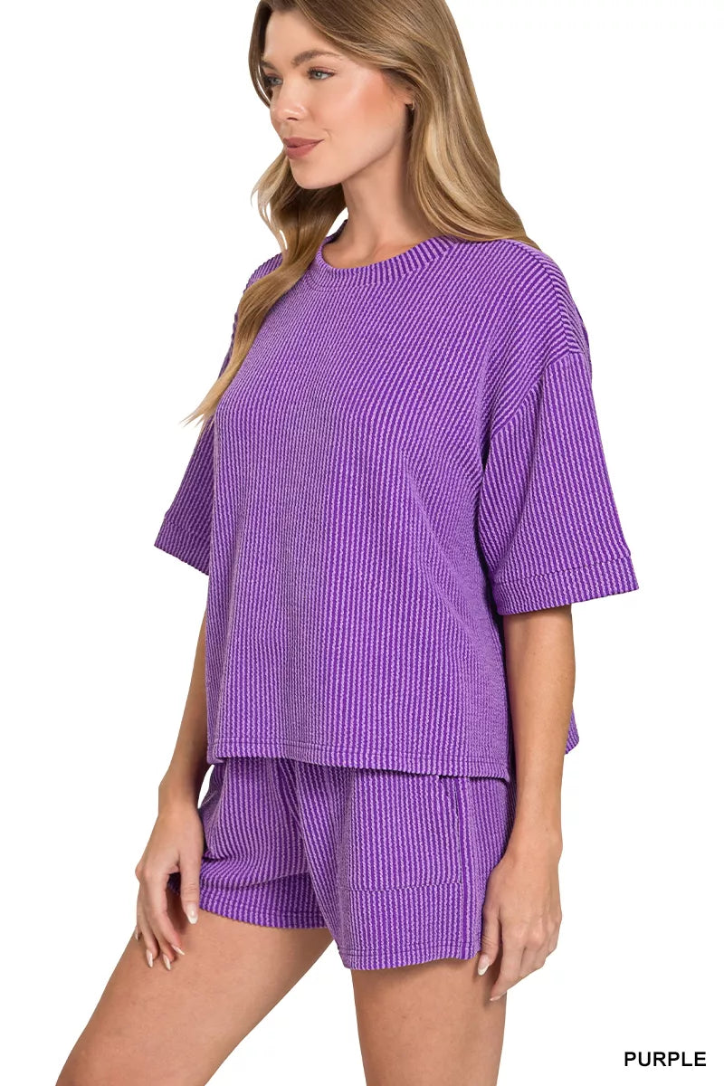 Zenana Raised Rib Short Sleeve Tee and Drawstring Shorts Set - Farnelli