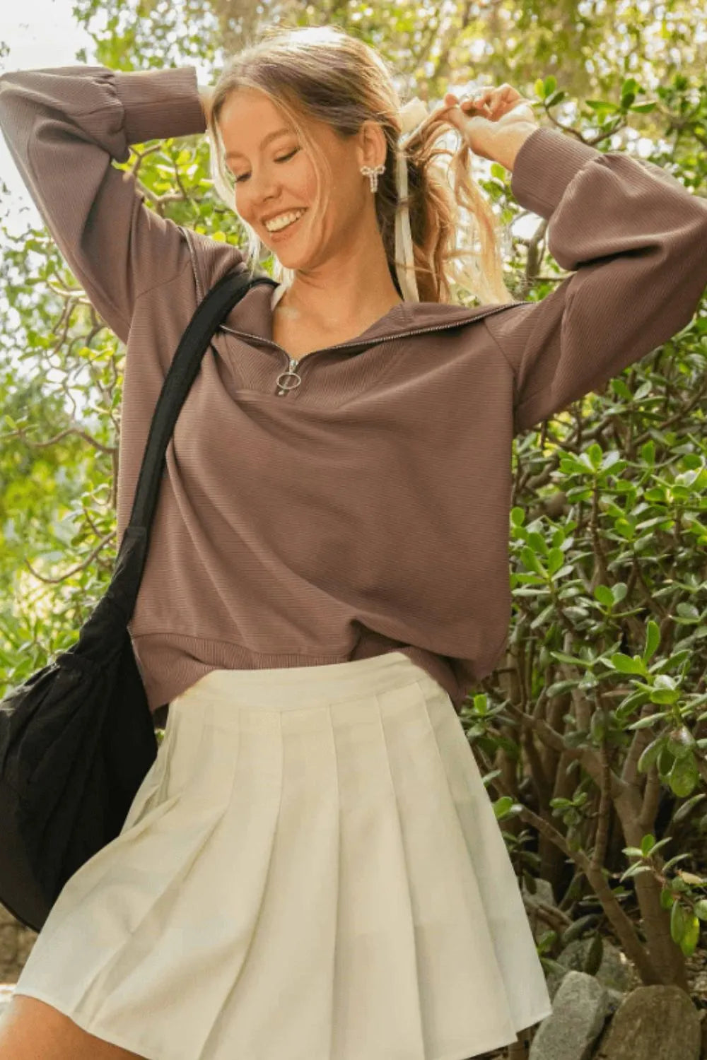 Umgee Full Size Ribbed Knit Half Zipper Sweatshirt Plus Size - Farnelli