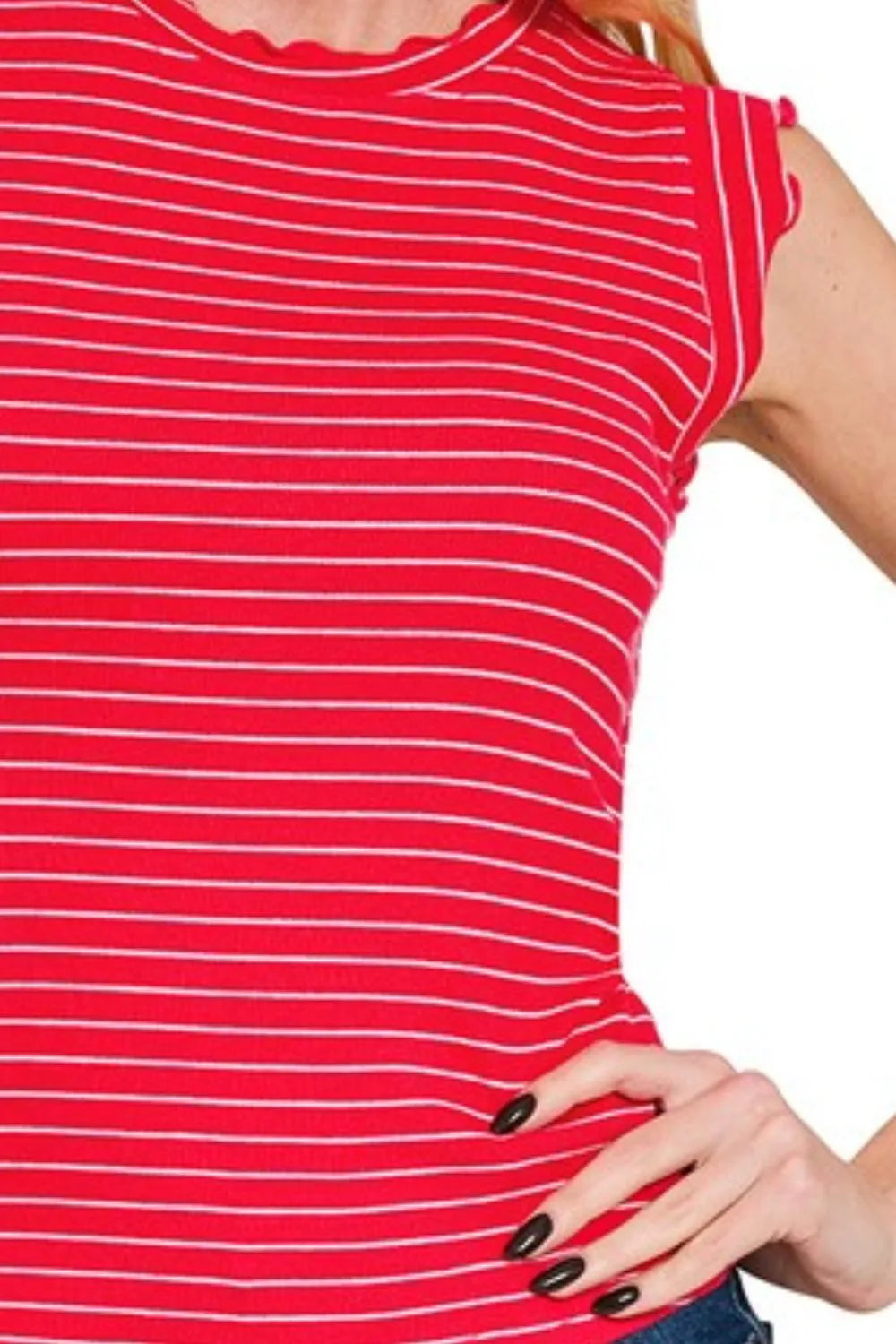 Zenana Ribbed Ruffle Trim Sleeveless Stripe Top - Farnelli