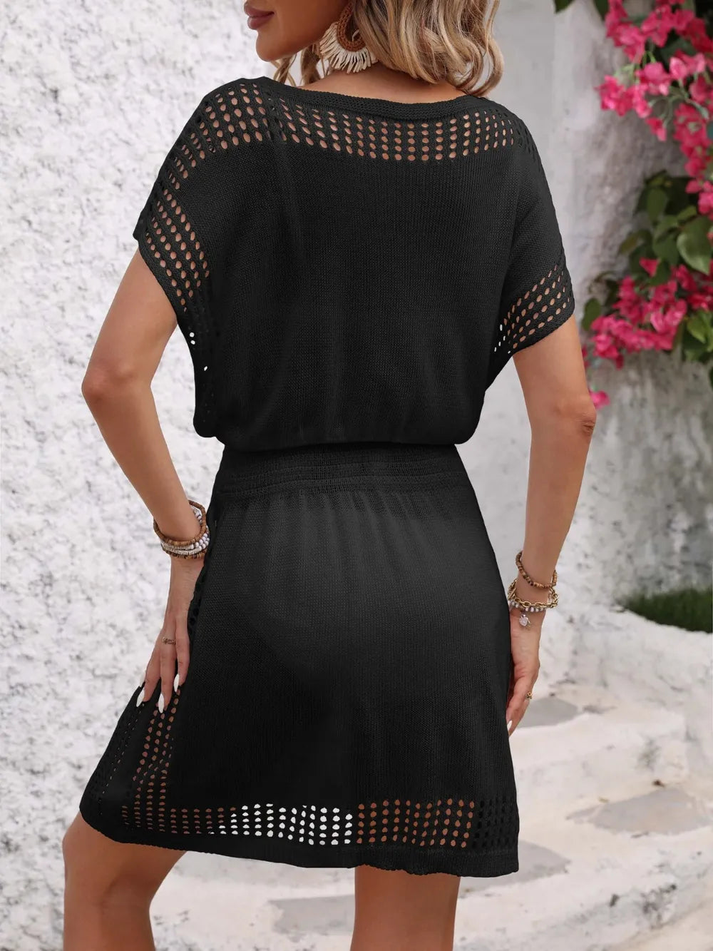Openwork V-Neck Short Sleeve Cover-Up Dress - Farnelli