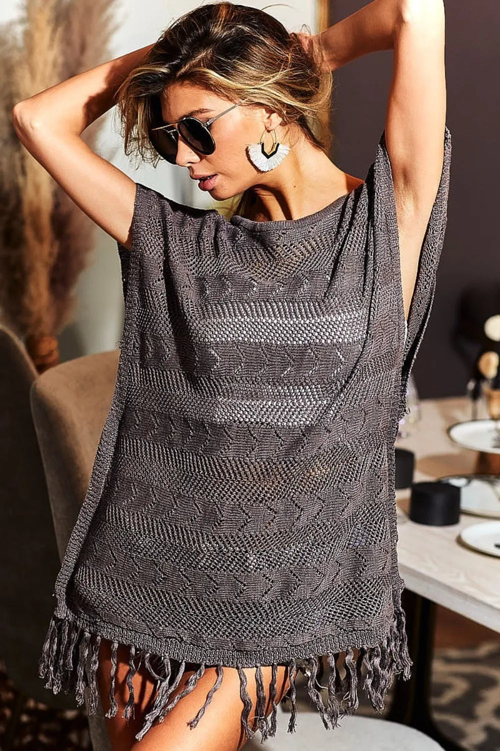 BiBi Fringed Hem Short Sleeve Knit Top - Farnelli