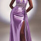 Cinderella Divine CDS415 Long Fitted Satin Gown with Lace Detail and Slit