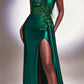 Cinderella Divine CDS415 Long Fitted Satin Gown with Lace Detail and Slit