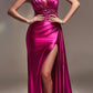 Cinderella Divine CDS415 Long Fitted Satin Gown with Lace Detail and Slit