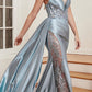 Ladivine CDS417 Floor Length Soft Satin Fitted Gown with Side Sash