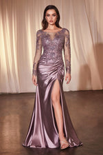 Lace Long Sleeve Satin Fitted Gown - Farnelli