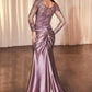 Lace Long Sleeve Satin Fitted Gown - Farnelli