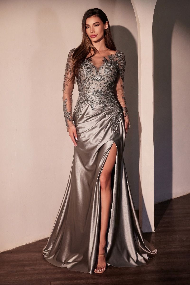 Lace Long Sleeve Satin Fitted Gown - Farnelli