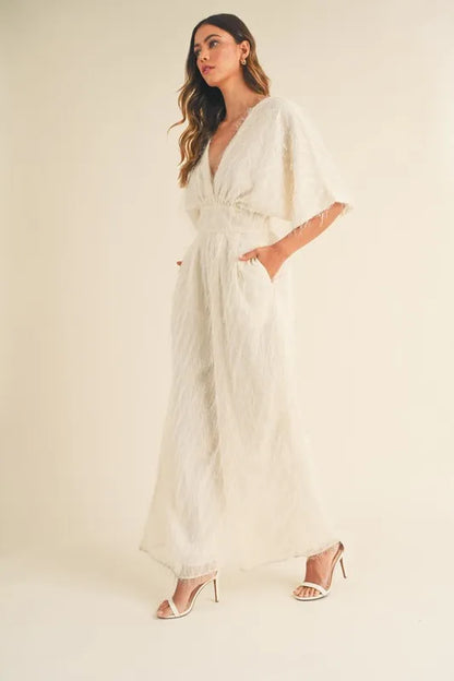 MABLE Fluffy Deep V Neck Wide Leg Jumpsuit - Farnelli