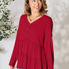 Double Take Half Button Long Sleeve Ruffle Hem Blouse - Burgundy