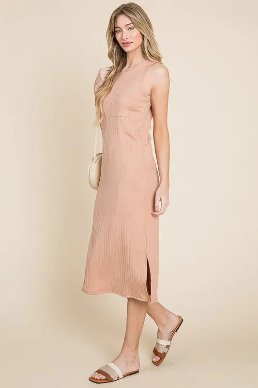 BOMBOM Ribbed Knit Sleeveless Midi Dress - Farnelli