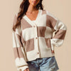 Checkered Button Front Ribbed Sweater Cardigan - COFFEE/IVORY