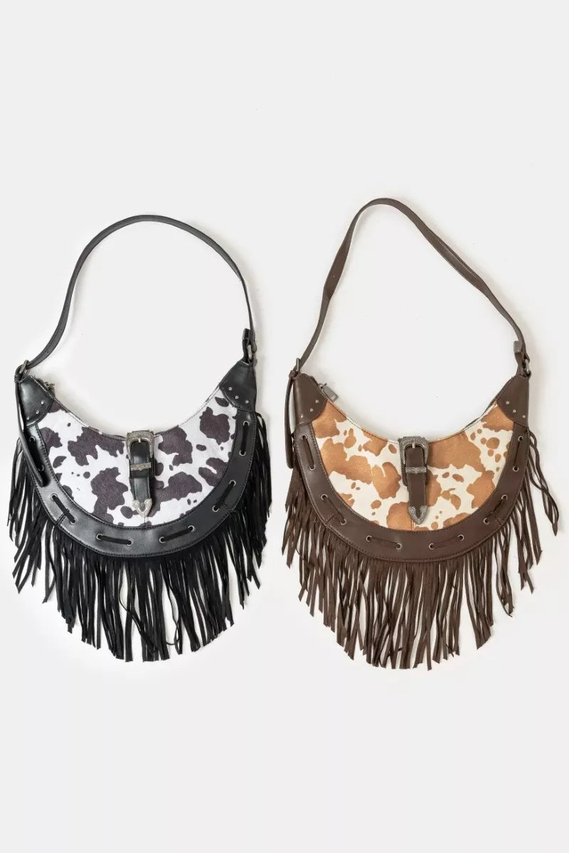 Fame Cow Print Faux Leather Fringe Hobo Bag - Farnelli