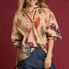Umgee Floral Print Flounce Sleeve Blouse - TAN MIX