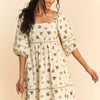 Davi & Dani Cactus Printed Poplin Contrast Piping Mini Dress - CREAM/GREEN