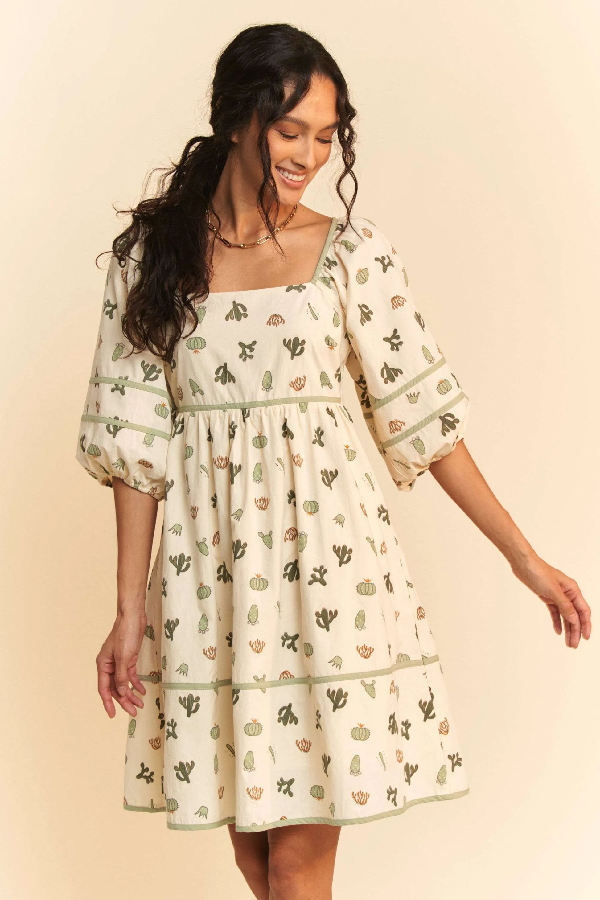 Davi & Dani Cactus Printed Poplin Contrast Piping Mini Dress - Farnelli