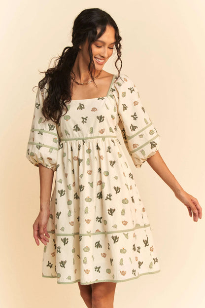 Davi & Dani Cactus Printed Poplin Contrast Piping Mini Dress - Farnelli