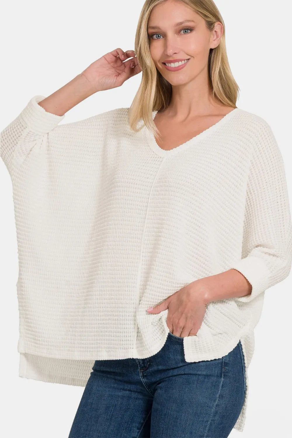 Zenana Full Size Round Neck High-Low Slit Knit Top - Farnelli