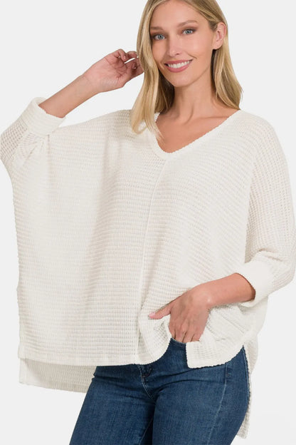 Zenana Full Size Round Neck High-Low Slit Knit Top - Farnelli