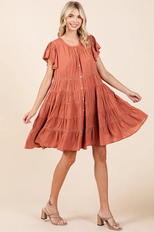 Mittoshop Lace Detail Ruffled Button Down Tiered Dress - Farnelli