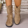 Round Toe Block Heels Boots - Khaki