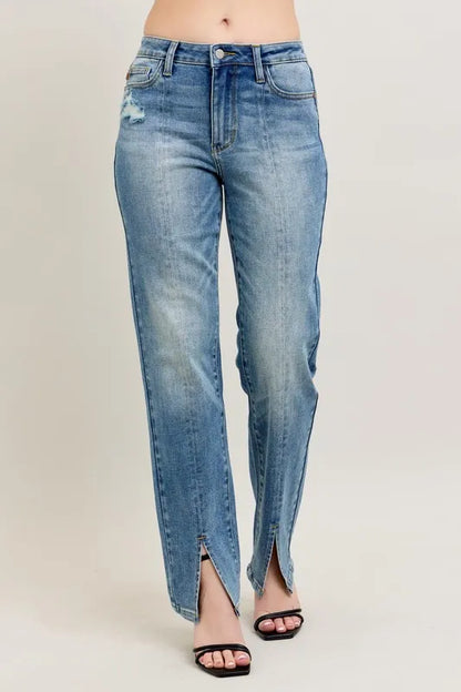 Judy Blue Full Size High Waist Vintage Wash Front Seam & Slit Straight Plus Size - Farnelli