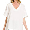 Zenana Double Gauze Short Sleeve High-Low Top - OFF WHITE