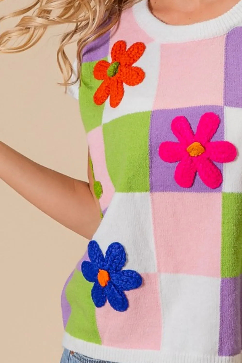 BiBi Flower Patch Checkered Sweater Vest - Farnelli