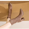 Point Toe Block Heels Boots - Khaki