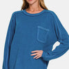 Zenana Full Size Contrast Stitching Brushed Ribbed Hacci Knit Top Plus Size - Royal Blue