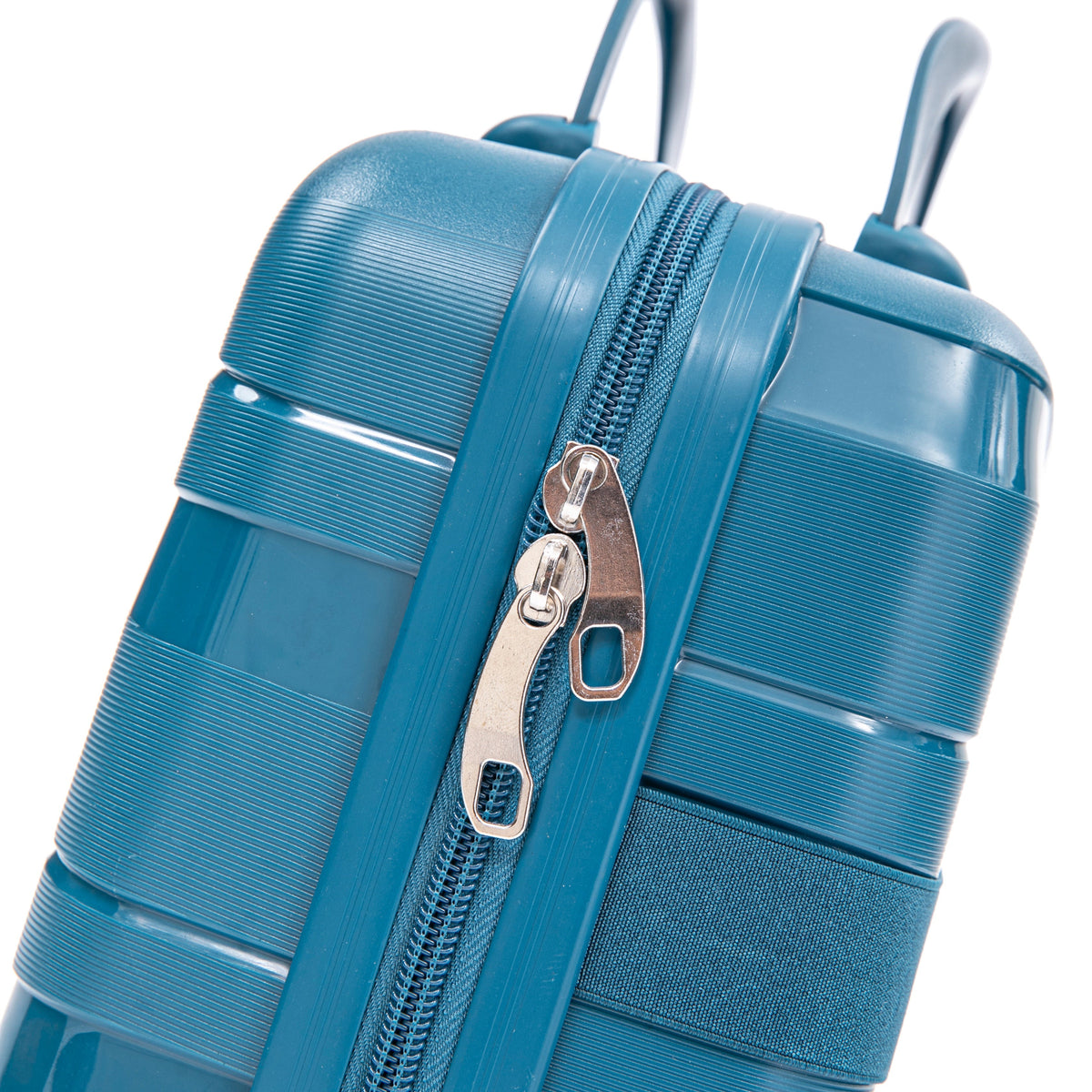 HouseOfZazla blue 4-piece hard case luggage set with spinner wheels and matching cosmetic case