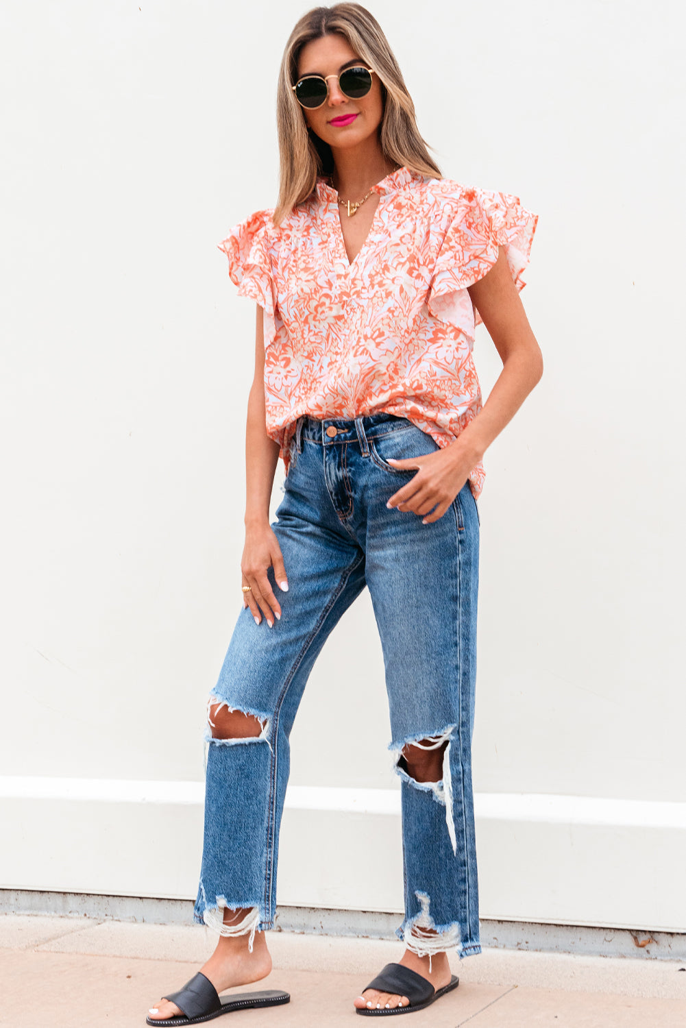 Nancy Floral Ruffle Sleeve Split Neck Blouse - Farnelli