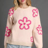 Umgee Round Neck Sweater with Pink Floral Accents - Cream